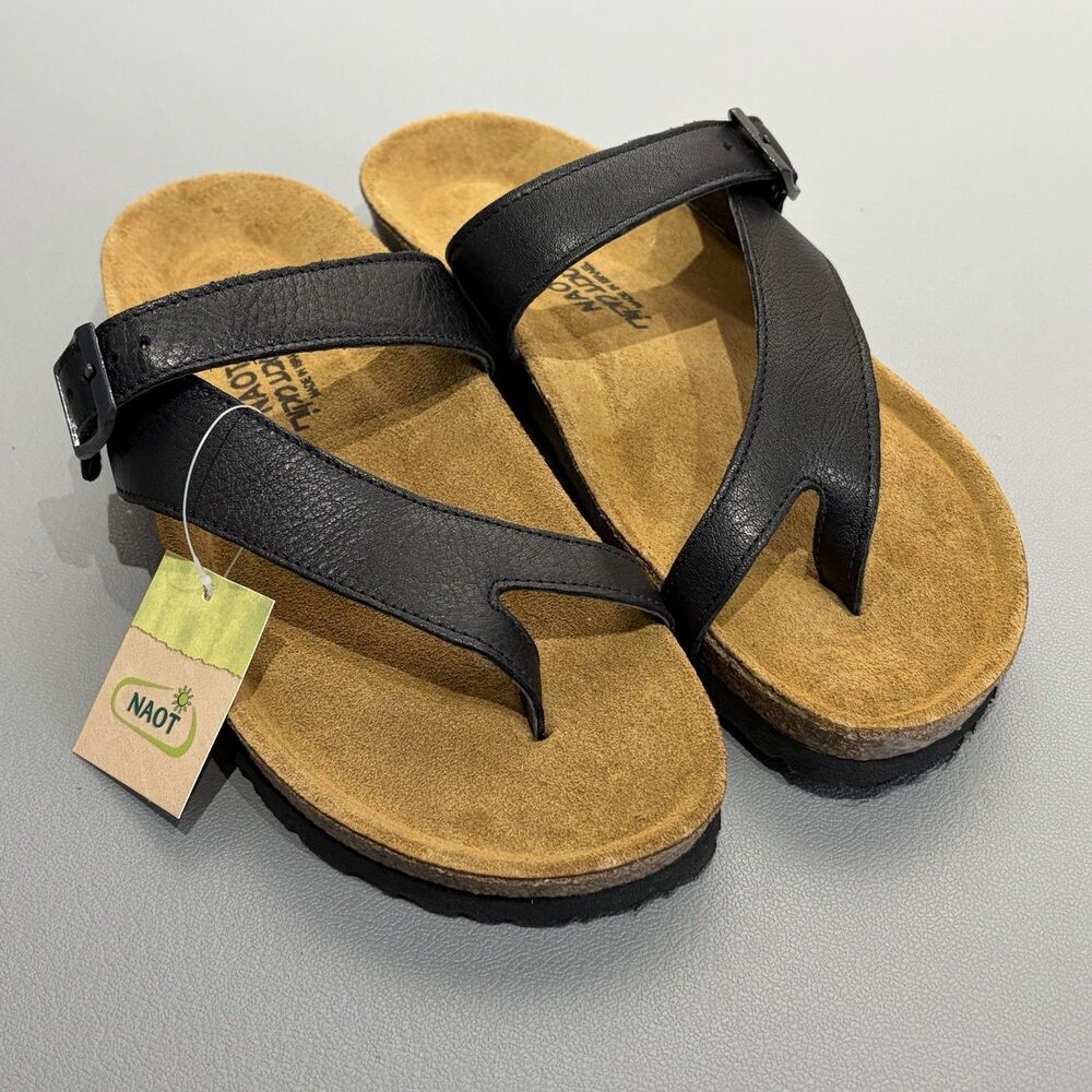 Naot Tahoe Women's 8 Toe-Loop Slide Sandals Buckled Strap Soft Black Leather
